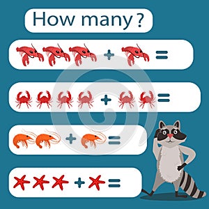 Children`s vector illustration with a math game. Count how many marine animals